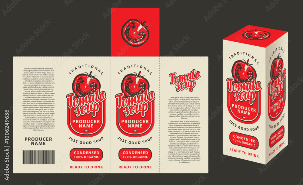 Aufkleber vector mockup template of cardboard packaging box for tomato soup with realistic pattern of half tom