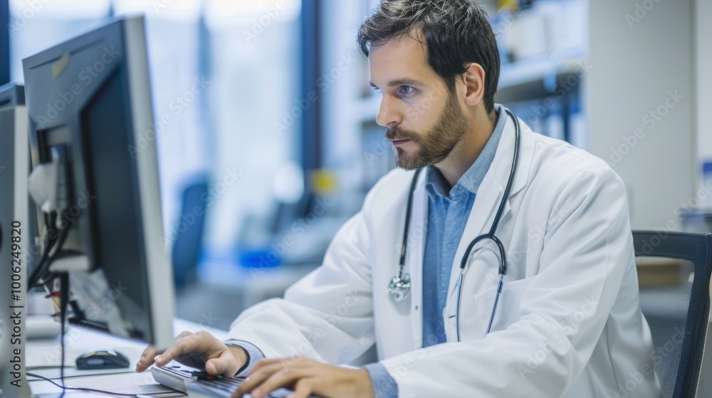 Poster a man in a white lab coat is typing on a computer