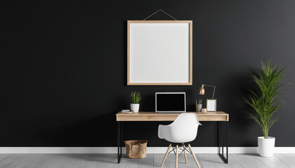 Fototapeta premium Mock up frame hanging on a black wall with minimal decoration in office interior background