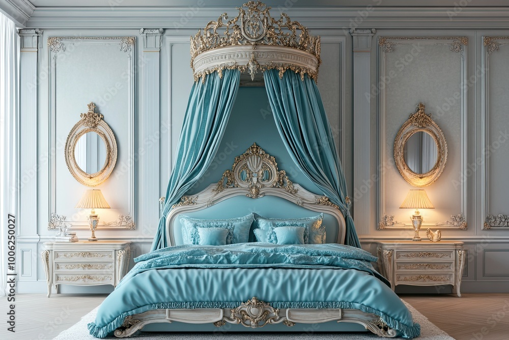 Wall mural classic royal bedroom with cyan elegant traditional royal wooden bed with canopy royal beds and elegant intricate carving frame and vintage mirror 