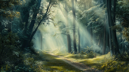 Obraz premium Sunlight Streaming Through Trees in Peaceful Forest, Illuminating a Pathway in a Serene Natural Landscape