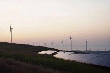 Renewable Energy Landscape: Wind Turbines and Solar Panels at Sunset for Sustainable Power Concept