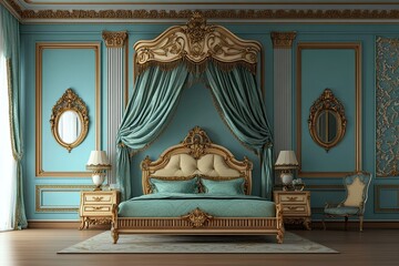 classic royal bedroom with cyan elegant traditional royal wooden bed with canopy royal beds and elegant intricate carving frame and vintage mirror 
