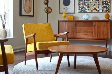A modern mid-century modern interior photo of a living room with wood cabinets and armchairs and tables. Generative AI
