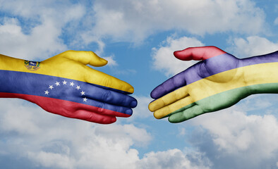 Mauritius and Venezuela country handshaking with flags, consensus concept international co-operation illustration
