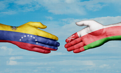 Oman and Venezuela country handshaking with flags, consensus concept international co-operation illustration