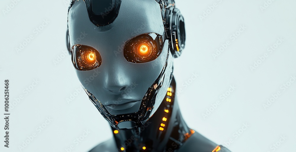 Poster illustration of an AI robot with glowing circuitry and a futuristic mask