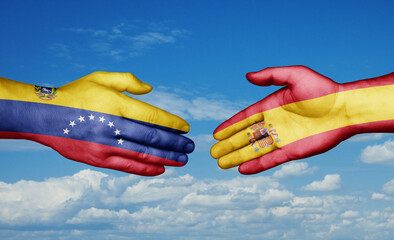 Spain and Venezuela country handshaking with flags, consensus concept international co-operation illustration