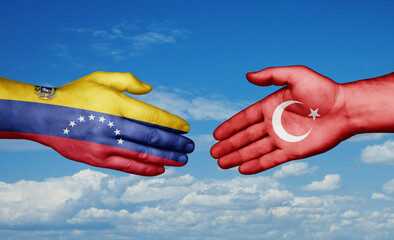 Republic of Turkey and Venezuela country handshaking with flags, consensus concept international co-operation illustration