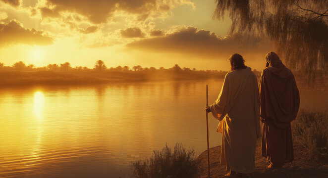 Moses and Aaron on the banks of the Egyptian river in the morning watching the Pharaoh coming.