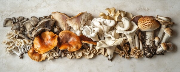 Obraz premium Variety of fresh edible mushrooms lying on table surface
