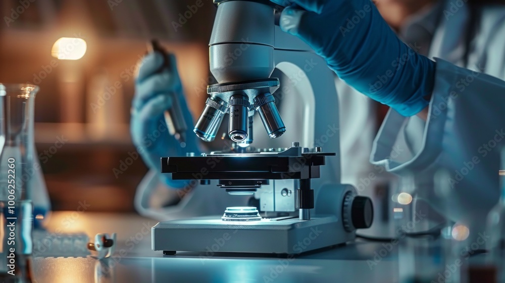 Poster a person is looking through a microscope at a slide