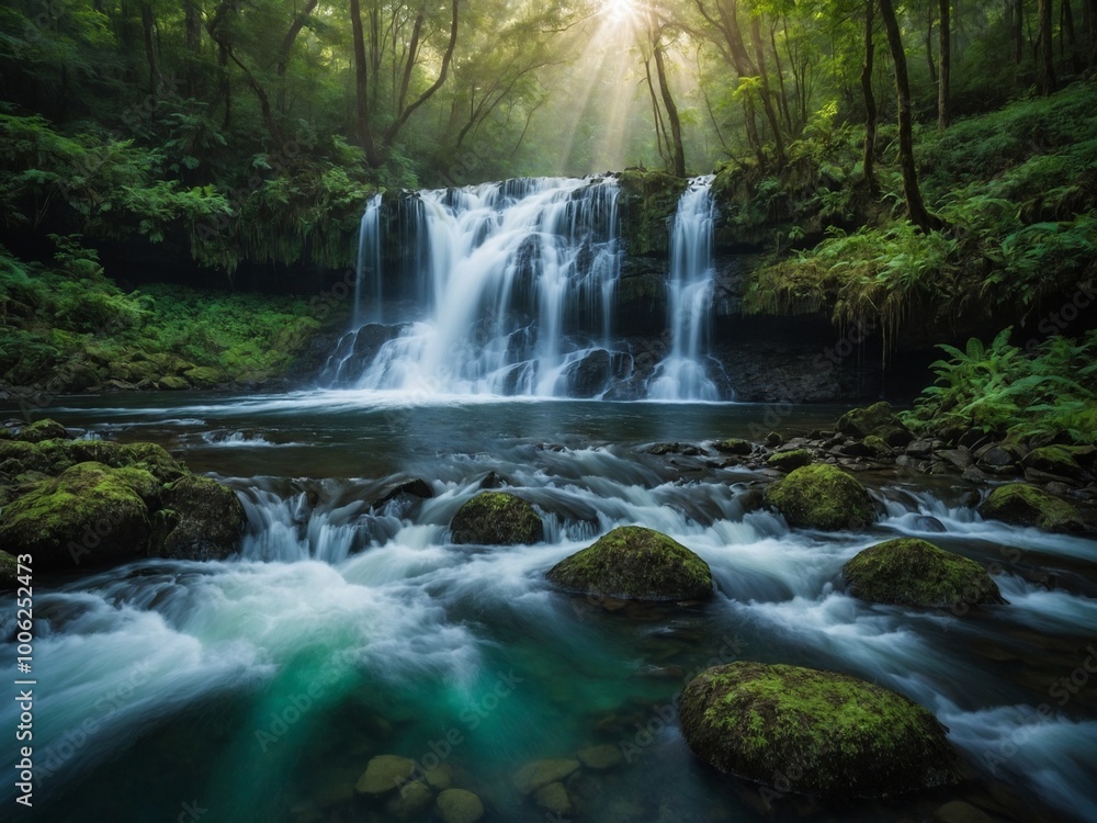 Aufkleber lush, green forest with beautiful waterfall cascading over mossy rocks into serene pool below. sunli