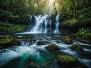 Fototapeta premium Lush, green forest with beautiful waterfall cascading over mossy rocks into serene pool below. Sunlight filters through trees, creating warm, ethereal atmosphere. Water flows swiftly over rocks,