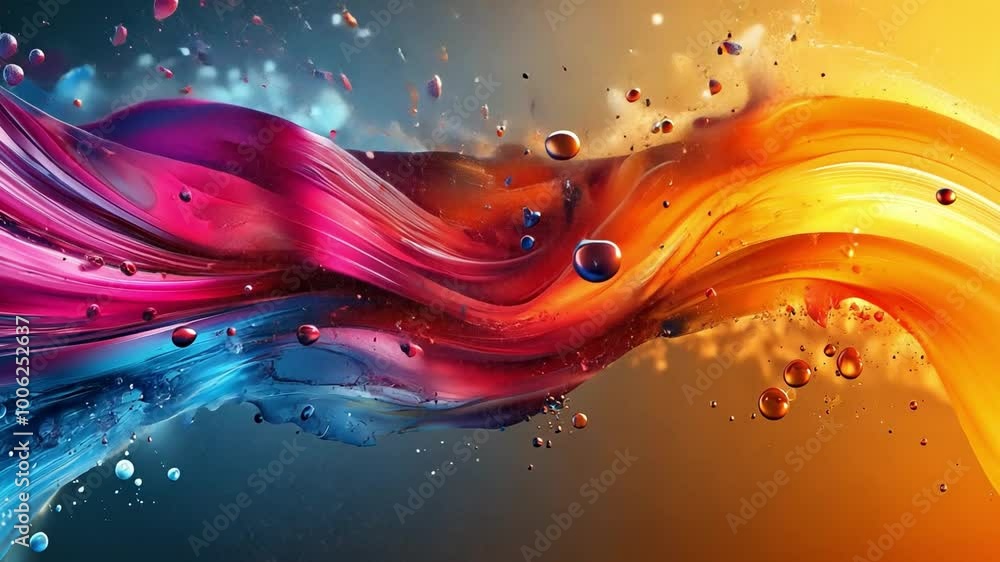 Poster vibrant abstract wave of colorful paint splashes flowing in dynamic motion against a dark backdrop