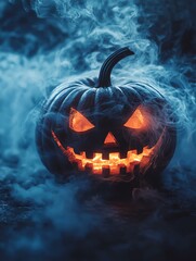Naklejka premium Glowing Jack-o'-Lantern on Smoke Black Background