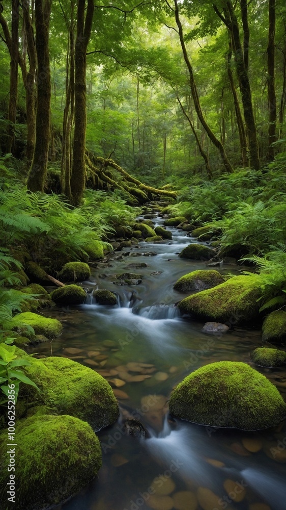 Aufkleber lush, green forest with flowing stream running through it. stream surrounded by moss-covered rocks a