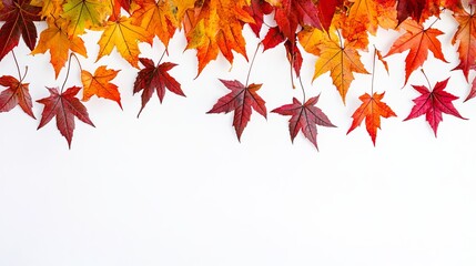 Colorful autumn leaves border on white background with copy space