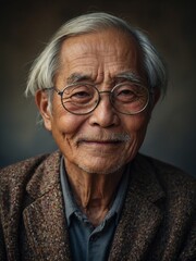 Obraz premium Elderly asian man with gray hair and glasses, wearing brown sweater, with serious expression on his face