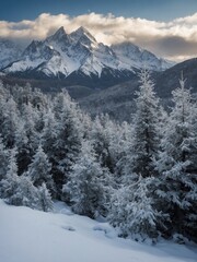 Fototapeta premium Snowy mountain peaks rising above dense forest of snow-covered evergreen trees in winter landscape