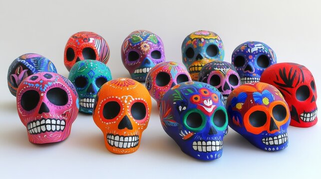 Colorful traditional mexican calaveritas de azucar sugar skulls day of the dead figurines