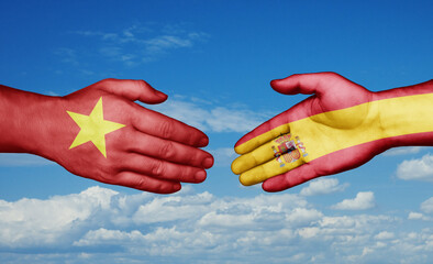 Spain and Vietnam country handshaking with flags, consensus concept international co-operation illustration