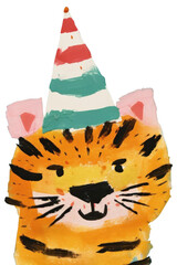 PNG Minimal simple tiger wearing party hat painting craft representation.