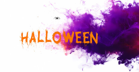 TEMPLATE in orange and purple, with a Halloween explosion background, white background, 3D text, Halloween theme, orange color, purple, spider web, Halloween decoration