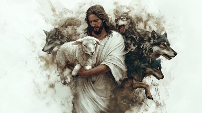 Jesus is carrying a sheep and fighting with wolves on the right side of his body. Painted in watercolor