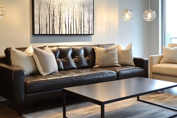 A mid-century modern interior photo of a luxurious living room with an art frame hanging and dark brown leather sofa and lighting. Generative AI
