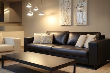 A mid-century modern interior photo of a luxurious living room with an art frame hanging and dark brown leather sofa and lighting. Generative AI
