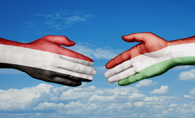 Hungary and Yemen country handshaking with flags, consensus concept international co-operation illustration