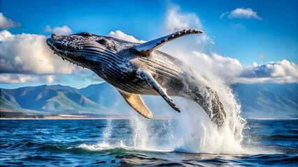 Obraz premium Dynamic breaching of a humpback whale, showcasing its large size and distinctive markings against a vibrant blue sky.