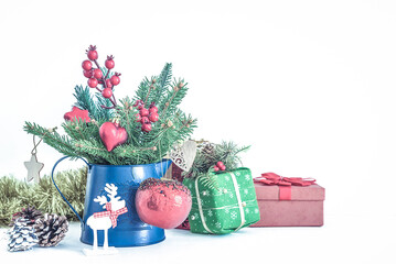 Christmas holidays concept: christmas decorations on white background