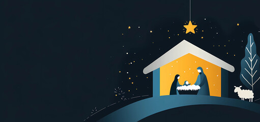 Stylized illustration of the nativity scene with Mary, Joseph, and baby Jesus in their manger inside an open house shape, isolated on a dark background.