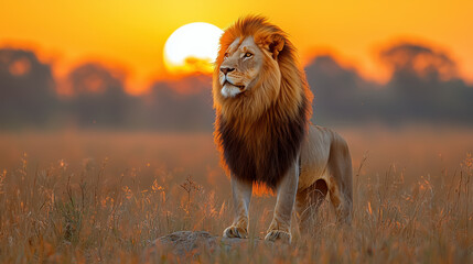 Majestic Lion at Sunset: Glowing Mane Silhouetted Against Golden Sky