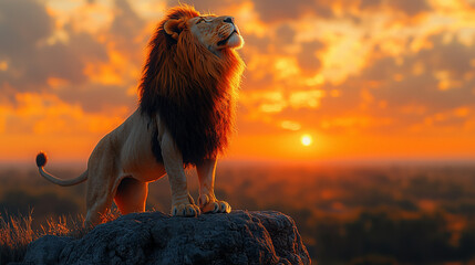 Majestic Lion at Sunset: Glowing Mane Silhouetted Against Golden Sky