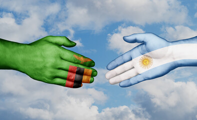 Argentina and Zambia country handshaking with flags, consensus concept international co-operation illustration