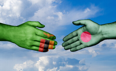 Bangladesh and Zambia country handshaking with flags, consensus concept international co-operation illustration