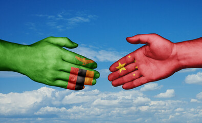 China and Zambia country handshaking with flags, consensus concept international co-operation illustration