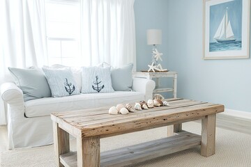Modern mid-century modern interiors in the living room of a beach house with walls finished with sky blue walls, sofas, wood tables and interior props to match the ocean. Generative AI
