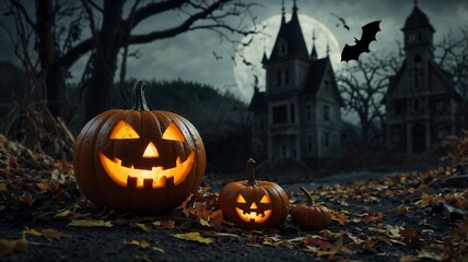 Halloween pumpkins placed on the ground near abandoned haunted houses.