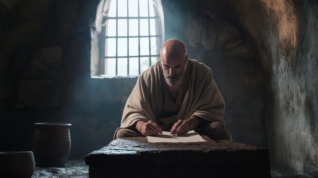 Apostle Paul,  sits on a rough stone bench inside a dimly lit Roman prison cell