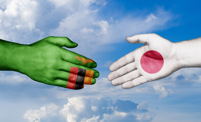 Japan and Zambia country handshaking with flags, consensus concept international co-operation illustration