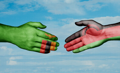 Malawi and Zambia country handshaking with flags, consensus concept international co-operation illustration