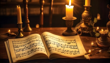 Music note sheet manuscript book with candles for Music Composition Classic Musical Melody Audio Instrument Entertainment Industry Illustration