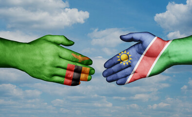 Namibia and Zambia country handshaking with flags, consensus concept international co-operation illustration