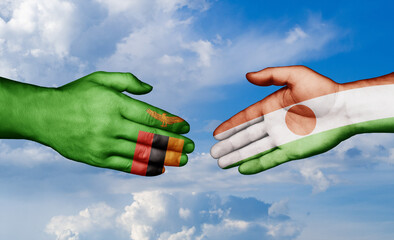 Niger and Zambia country handshaking with flags, consensus concept international co-operation illustration