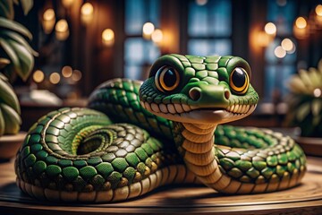 Fototapeta premium Happy New Year 2025. The symbol of the year is a green snake on the background of a Christmas tree. A festive poster or banner for a party and New Year's Eve.