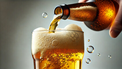 A close-up shot of golden beer being poured from a bottle into a glass for Food and Drink backgrounds